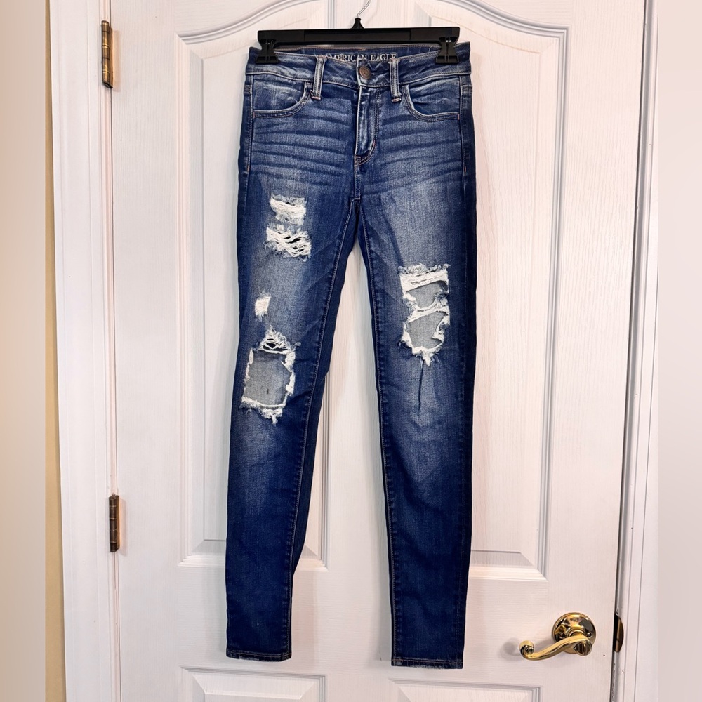 American Eagle Outfitters Dark Blue Distressed Skinny Jeggings Jeans Size 0